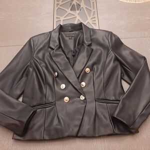 BOLD elements Black Double-Breasted Faux Leather Blazer with Gold Buttons